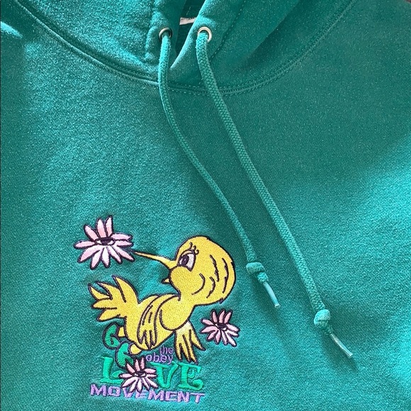 Unisex Gently Loved Obey Green Hoodie with Yellow Bird Embroidery Love Movement - Picture 10 of 10